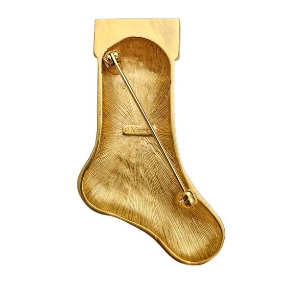 Monet Vintage Rhinestone Stocking Brooch Matte Gold Tone Pin, Signed - Picture 9 of 12